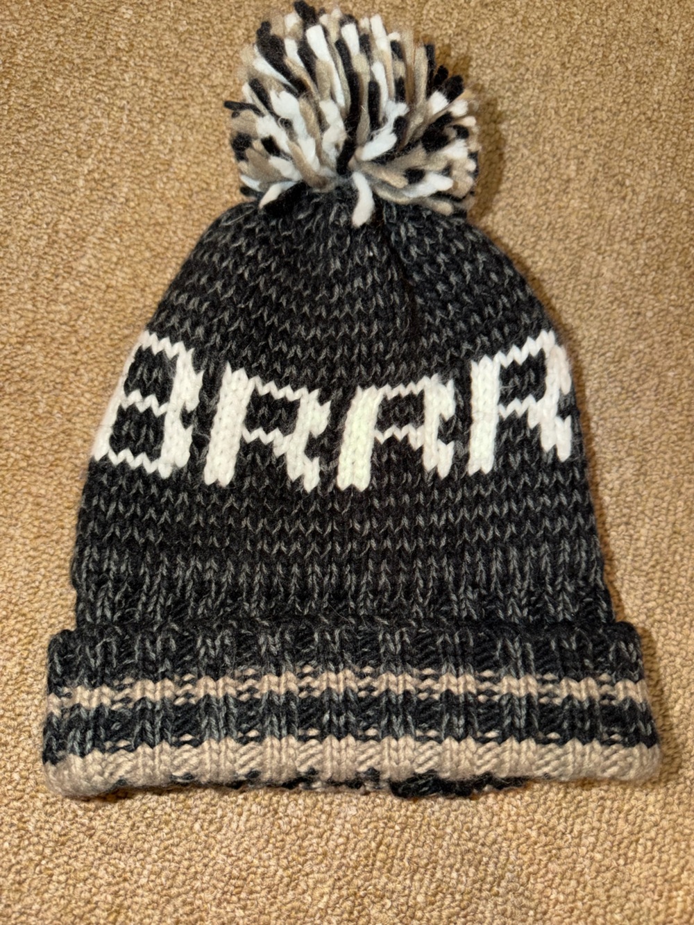 Black & Cream Knit Pom Beanie